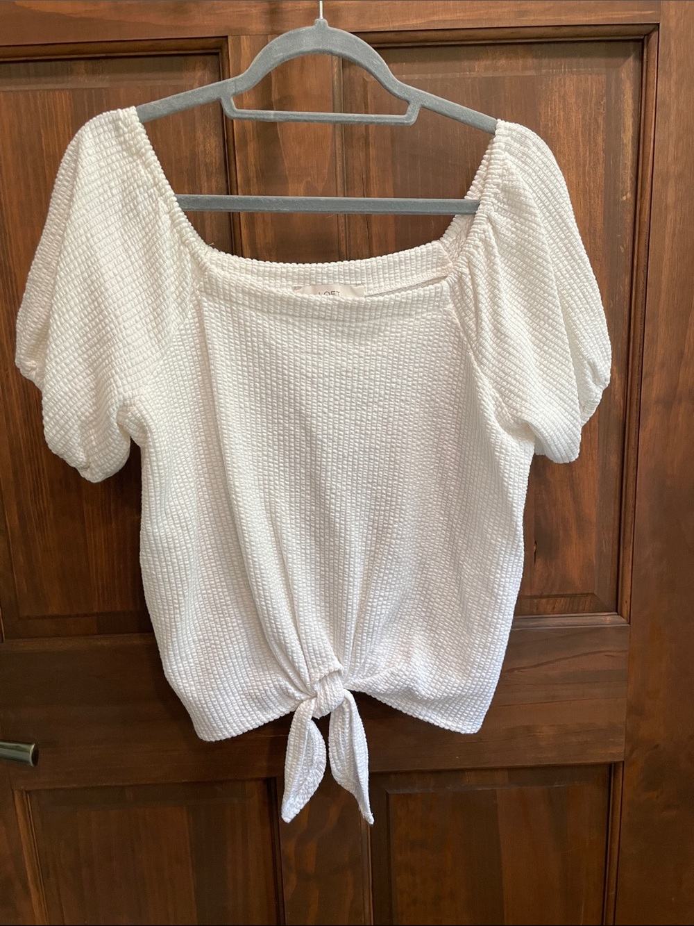 LOFT White Textured Tie-Front Short Sleeve Top
